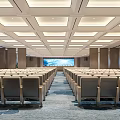 Modern Conference Room With Rows Of Seats Large Screen Ceiling Lights And Wooden Walls