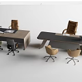 Modern Office Desk With Wooden Top Gray Frame Ergonomic Chairs And Computer Monitors
