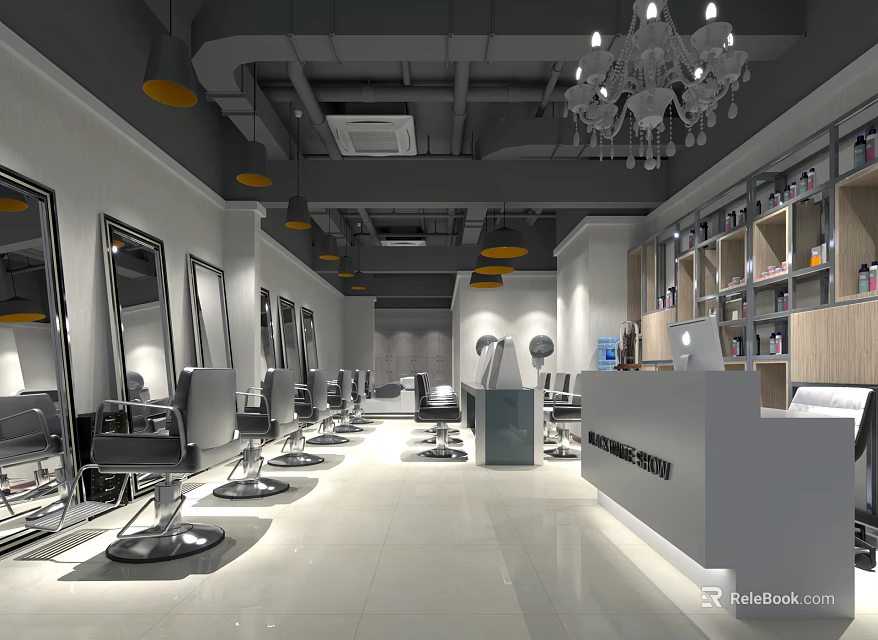 Modern Hair Salon Interior With Styling Chairs Mirrors Chandeliers And Reception Desk 3d model 