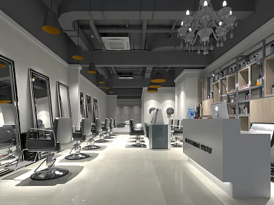 Modern Hair Salon Interior With Styling Chairs Mirrors Chandeliers And Reception Desk 3d model