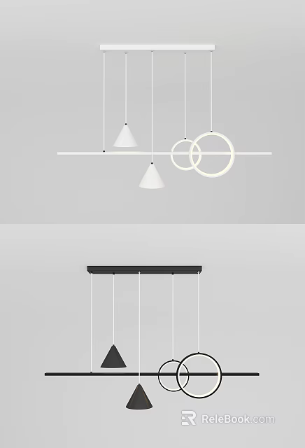 Modern Pendant Lights On Horizontal Bar With Conical And Circular White Shades 3d model 