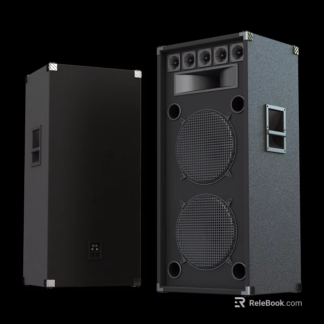 Black Large Floor Standing Speakers With Multiple Drivers And Front Grille Design 3d model 