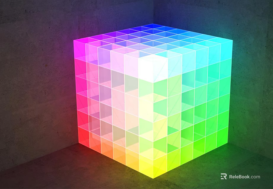 Colorful Illuminated Cube Structure With Gradient Colors And Small Square Panels Against Concrete Background 3d model 