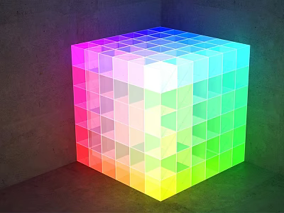 Colorful Illuminated Cube Structure With Gradient Colors And Small Square Panels Against Concrete Background 3d model