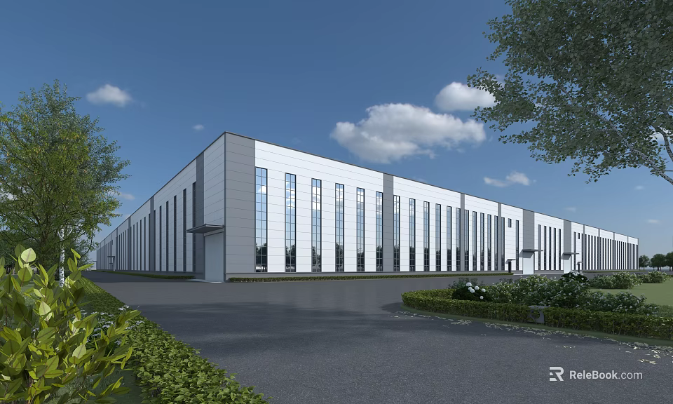 Modern Industrial Factory Building With Large Glass Windows And Surrounding Greenery 3d model 