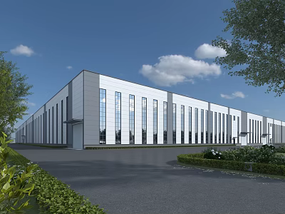 Modern Industrial Factory Building With Large Glass Windows And Surrounding Greenery 3d model