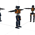 Three Smart Robots With Black And Orange Bodies In Standing Pose With Extended Arms