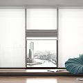 Elegant White Roller Blinds In Modern Interior With Large Window And City View 3d model