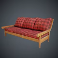 Red Plaid Three Seater Sofa With Wooden Frame And Comfortable Cushions