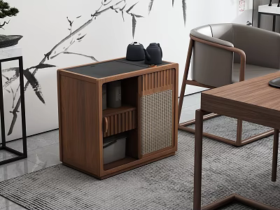 Wooden Storage Cabinet Shelf with Woven Panel and Black Decorative Containers in Modern Minimalist Interior 3d model