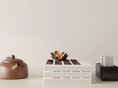 Decorative Ornament Combination With Brown Teapot Golden Lotus Books On White Stand And Black Decor 3d model