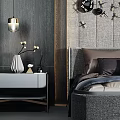 Double Bed with Textured Gray Wall Black Gold Butterfly Decorations Purple Blue Pillows and Bedside Lamps