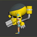 Small Character In Blue Outfit With Yellow Robot Transparent Dome And Mechanical Arms