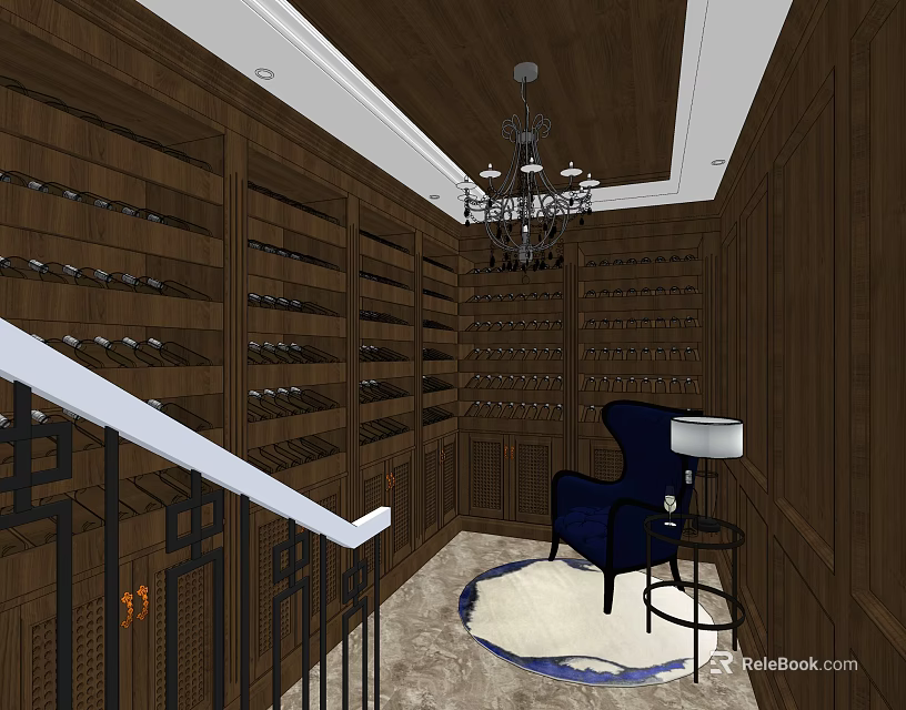 Elegant Wine Cellar Interior With Wooden Wine Racks Chandelier Blue Chair And Round Rug 3d model 