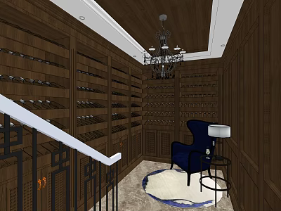 Elegant Wine Cellar Interior With Wooden Wine Racks Chandelier Blue Chair And Round Rug 3d model