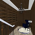 Elegant Wine Cellar Interior With Wooden Wine Racks Chandelier Blue Chair And Round Rug