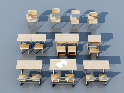 Various Wooden Desk And Chair Combinations For Study Or Office Use 3d model