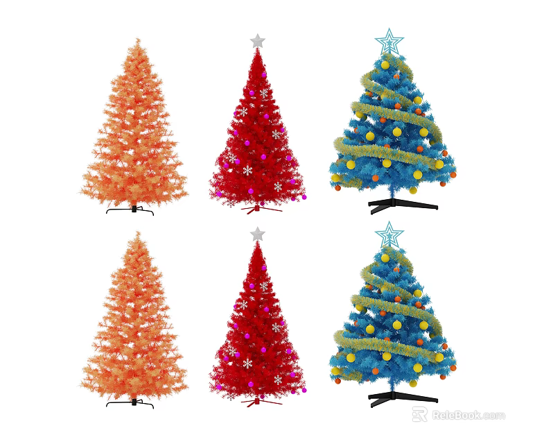 Decorated Christmas Trees in Orange Red and Blue with Star Snowflake and Ball Ornaments 3d model 