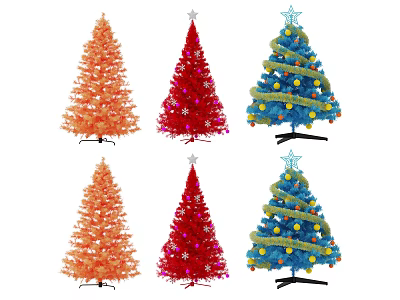 Decorated Christmas Trees in Orange Red and Blue with Star Snowflake and Ball Ornaments 3d model