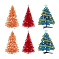 Decorated Christmas Trees in Orange Red and Blue with Star Snowflake and Ball Ornaments