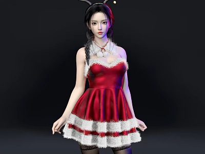 Elegant Woman in Red Dress with White Lace Trim Wearing Necklace Against Black Background 3d model