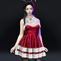 Elegant Woman in Red Dress with White Lace Trim Wearing Necklace Against Black Background