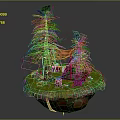 Floating Natural Island Scene With Green Grass Tall Pine Trees And Red Camping Tent