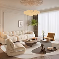Cozy Living Room Interior With Beige Sofa Yellow Armchair Coffee Table Chandelier And Potted Plant