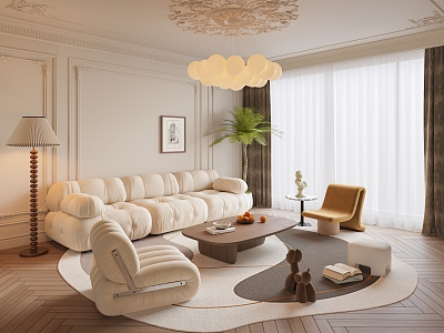 French Style Living Room Cream Home Living Room Sofa Coffee Table Combination Sofa Carpet Chandelier Coffee Table 3d model