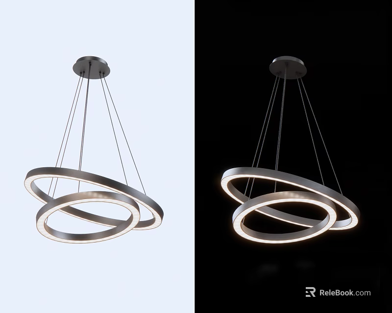 Modern Double Ring Pendant Light with Metal Frame and Illuminated Circular Design 3d model 