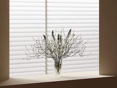 Clear Glass Vase With White And Purple Flowers On Windowsill Against Blinds Background 3d model