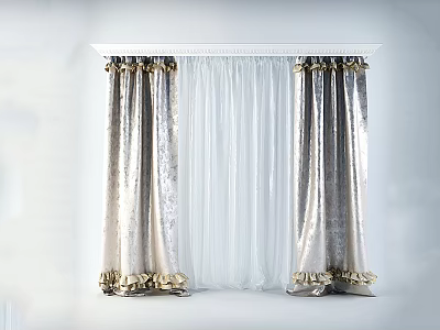 Luxury Modern Curtains With Silver Gray Fabric White Sheer Panels And Gold Fringe Details 3d model