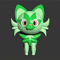 Green Cartoon Cat Like Animal With Big Pink Eyes And Pointed Ears