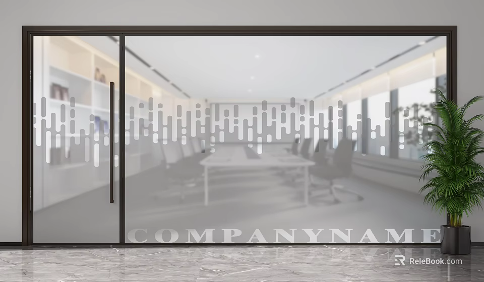 Modern Office Glass Partition With Frosted Glass Geometric Patterns Conference Table And Marble Floor 3d model 