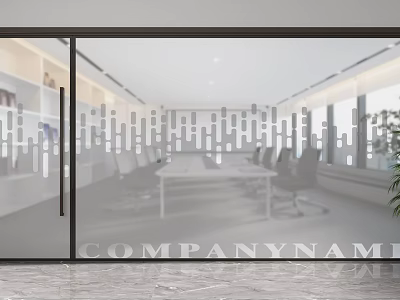 Modern Office Glass Partition With Frosted Glass Geometric Patterns Conference Table And Marble Floor 3d model