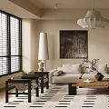 Living Room Interior With Beige Sofa Wooden Floor Black White Striped Rug And Pendant Light