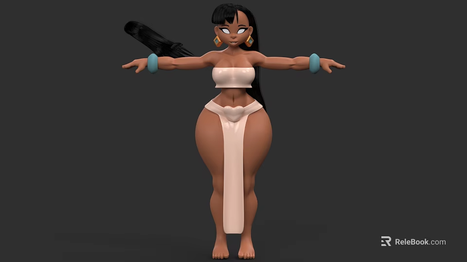 3D Female Character With Long Black Hair White Top Beige Outfit Blue Bracelets Arms Outstretched 3d model 