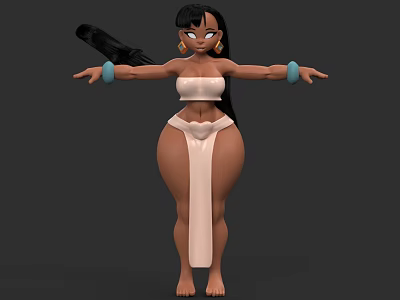3D Female Character With Long Black Hair White Top Beige Outfit Blue Bracelets Arms Outstretched 3d model