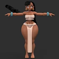 3D Female Character With Long Black Hair White Top Beige Outfit Blue Bracelets Arms Outstretched