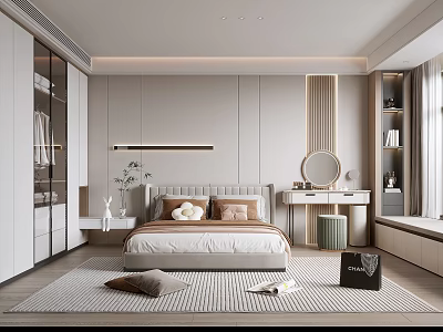 Modern Bedroom Interior Design With Bed Pillows Glass Wardrobe Area Rug And Bedside Mirror 3d model