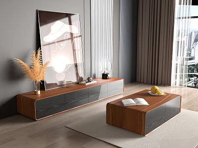 Modern Wooden TV Stand in Living Room With Pampas Grass Wall Art and Coffee Table 3d model