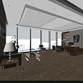 Modern Office Interior Design With Large Windows Wooden Desk Leather Chairs And Bookshelf