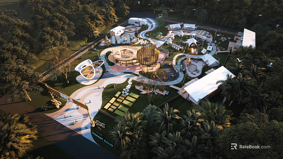 Children's Play Area Featuring Fun Structures Landscaped Paths And Lush Palm Trees 3d model 