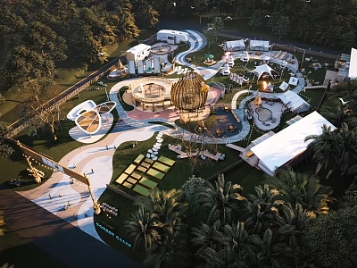 Children's Play Area Featuring Fun Structures Landscaped Paths And Lush Palm Trees 3d model