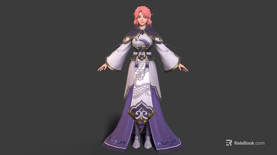 3D Character With Pink Hair And Purple White Patterned Robe In Fantasy Style 3d model 