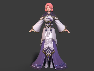 3D Character With Pink Hair And Purple White Patterned Robe In Fantasy Style 3d model