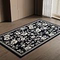 Square Carpet With Black Background And White Floral Pattern For Living Room Floor