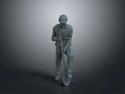 3D Construction Worker Model Wearing Safety Helmet Holding Shovel in Gray Setting 3d model