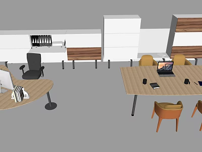 Modern Office Desks With Laptop Mobile Phone Office Supplies And Storage Cabinets In Workspace 3d model