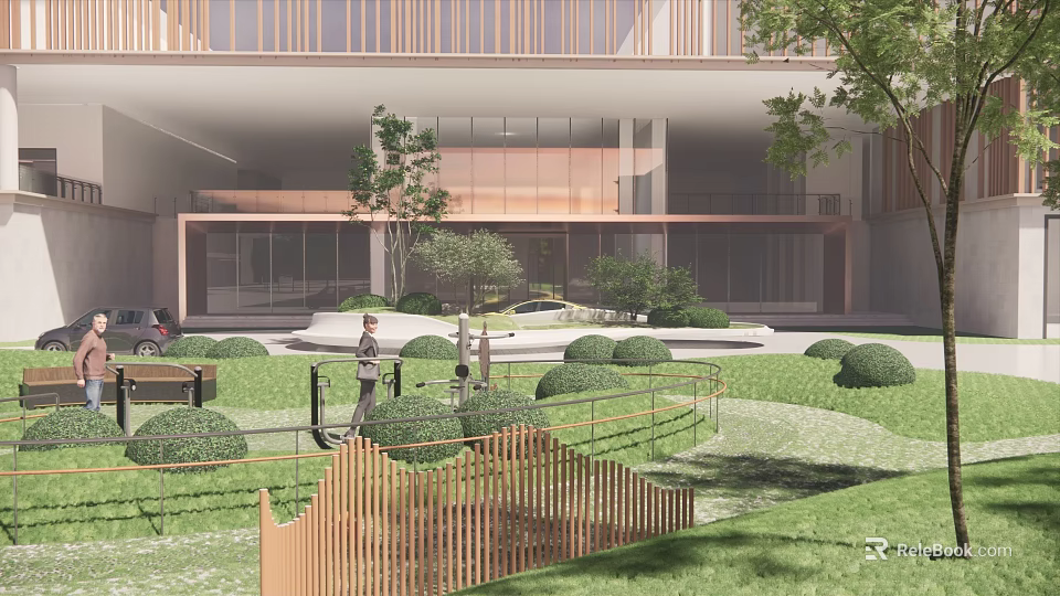Modern Building Exterior With Wooden Elements Glass Walls And Landscaped Courtyard Hedges Lawn And People 3d model 